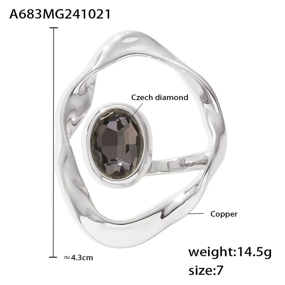 Wholesale Exaggerated Big Round Diamond Shaped Ring With Czech Big Diamond Copper Plated Real Gold Geometric Style Electroplating For Women