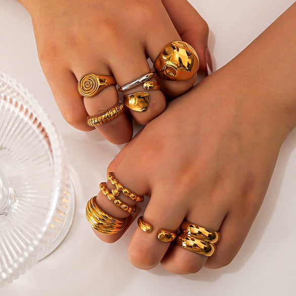 Wholesale Exaggerated Bump Irregular Geometric Stainless Steel Ring With Leaf Wave Geometric Pattern Electroplated