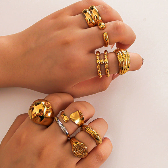 Wholesale Exaggerated Bump Irregular Geometric Stainless Steel Ring With Leaf Wave Geometric Pattern Electroplated