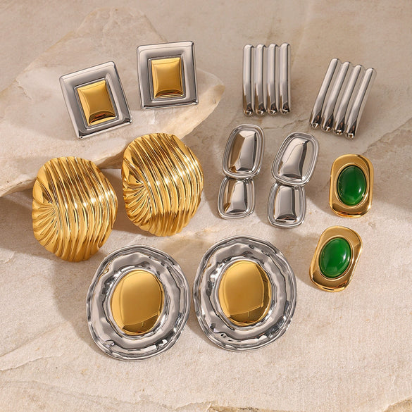 Wholesale Exaggerated Cat's Eye Stone Earrings In Stainless Steel With Retro Light Luxury Style And Geometric Design Electroplated Titanium Steel Ear Jewelry