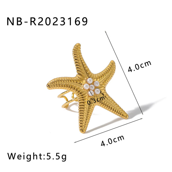 Wholesale Exaggerated Conch Sea Star Geometric Stainless Steel Opening Ring For Women 18K Gold Plated