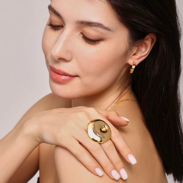 Wholesale Exaggerated Fashionable Open Ring In Stainless Steel With Geometric Pattern Pvd Electroplated 18K True Gold For Women