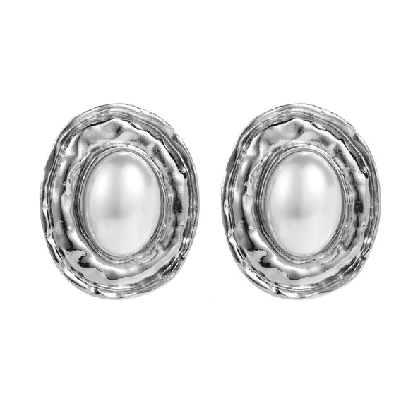 Wholesale Exaggerated Geometric Alloy Raffia Pearl Inlaid Oval Stud Earrings For Women