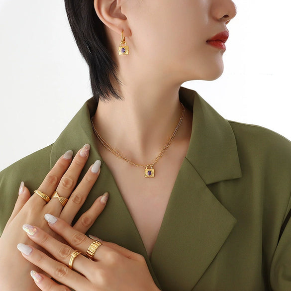 Wholesale Exaggerated Heavy Chain Zircon Lock Hip Hop Necklace Bracelet Set For Women Titanium Steel Electroplated