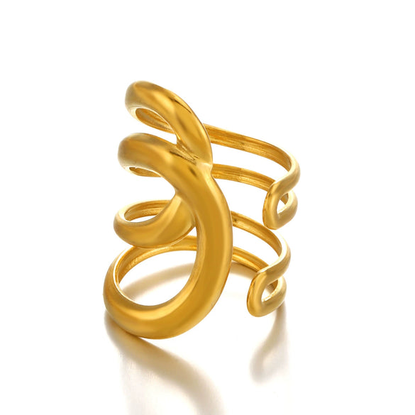 Wholesale Exaggerated Heavy Lines Open Ring In Stainless Steel With Geometric Style And Gold Plated Electroplating