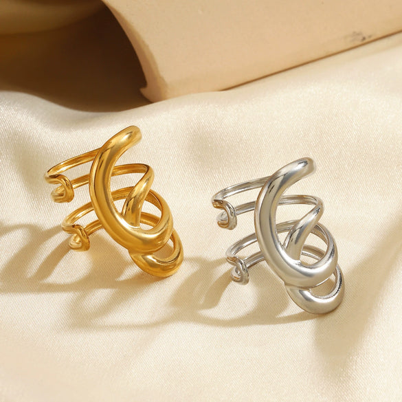 Wholesale Exaggerated Heavy Lines Open Ring In Stainless Steel With Geometric Style And Gold Plated Electroplating