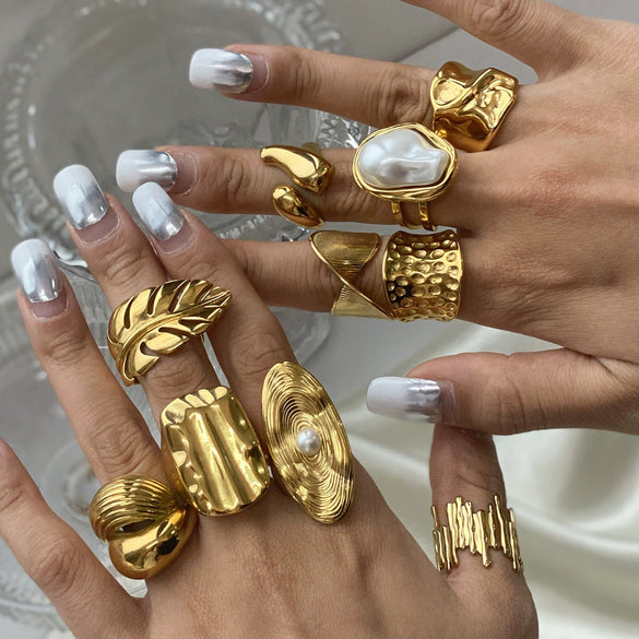 Wholesale Exaggerated High Grade Golden Pearl Ring And Titanium Steel Bracelet In Geometric Style Made Of Stainless Steel With Electroplating