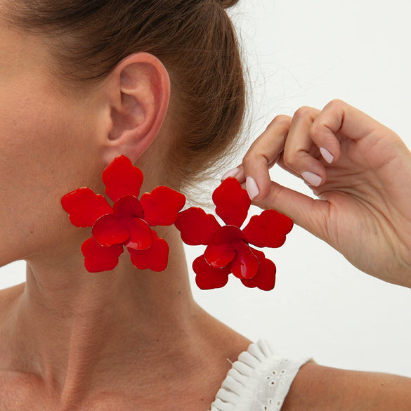 Wholesale Exaggerated Iron And Dripping Oil Flower Earrings With Electroplating