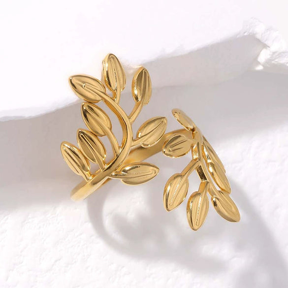 Wholesale Exaggerated Leaves Titanium Steel Open Ring With Electroplating Treatment For Women