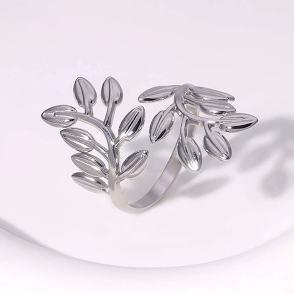 Wholesale Exaggerated Leaves Titanium Steel Open Ring With Electroplating Treatment For Women