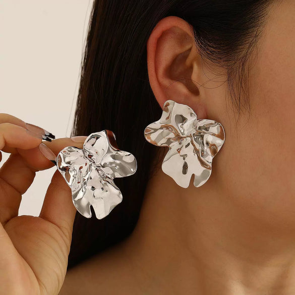 Wholesale Exaggerated Pleated Flower Earrings For Women Alloy Electroplated