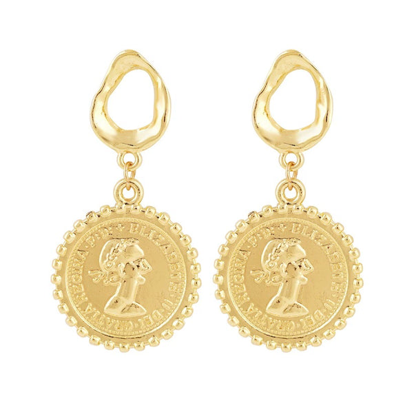 Wholesale Exaggerated Retro Alloy Gold Baroque Pearl Head Figure Coin Earrings With Electroplating