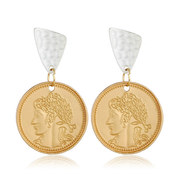 Wholesale Exaggerated Retro Alloy Gold Baroque Pearl Head Figure Coin Earrings With Electroplating