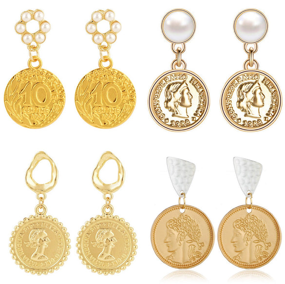 Wholesale Exaggerated Retro Alloy Gold Baroque Pearl Head Figure Coin Earrings With Electroplating