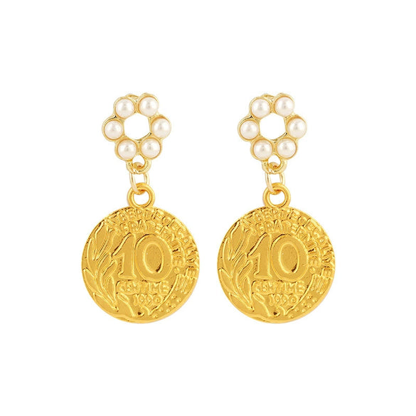 Wholesale Exaggerated Retro Alloy Gold Baroque Pearl Head Figure Coin Earrings With Electroplating