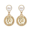 Wholesale Exaggerated Retro Alloy Gold Baroque Pearl Head Figure Coin Earrings With Electroplating