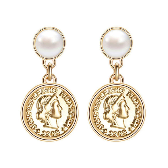 Wholesale Exaggerated Retro Alloy Gold Baroque Pearl Head Figure Coin Earrings With Electroplating