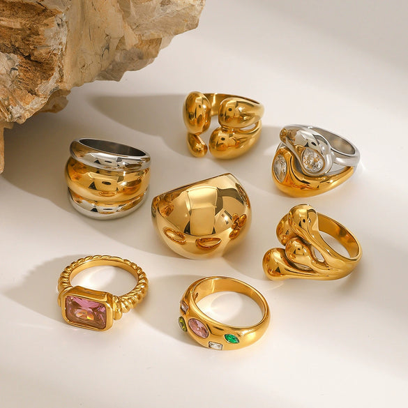 Wholesale Exaggerated Retro Stainless Steel Zircon Ring For Women With Geometric Design And Electroplating Treatment