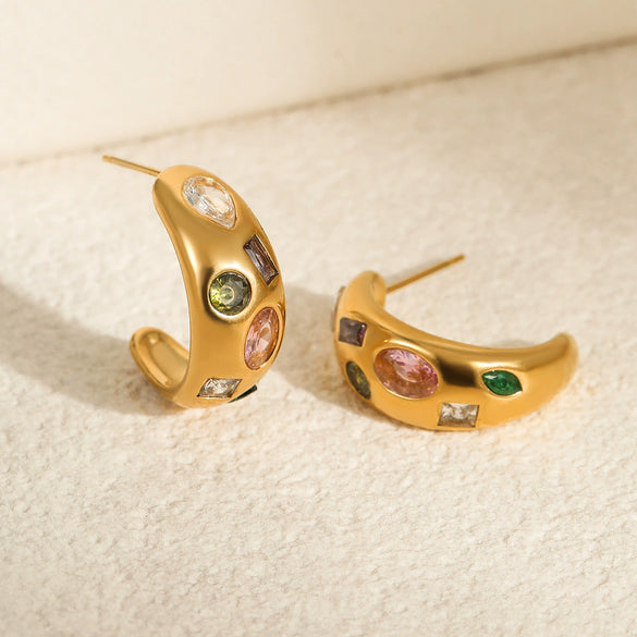 Wholesale Exaggerated Retro Women's Stainless Steel Inlaid Color Zircon Geometric Ushaped Electroplated Earrings