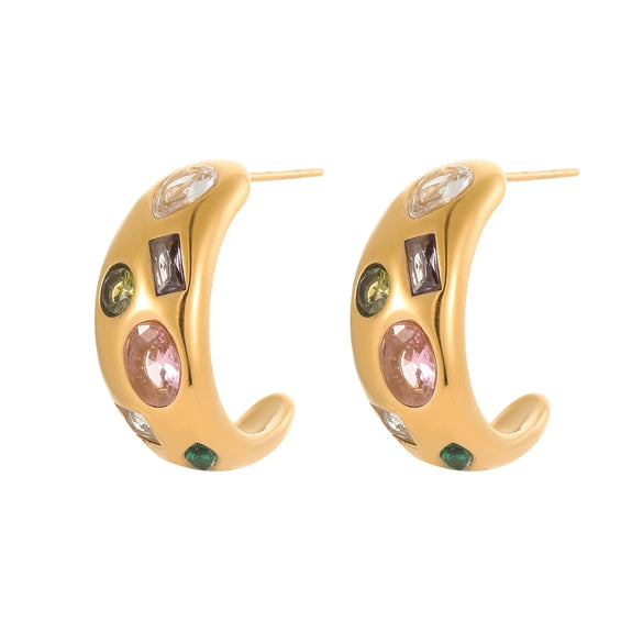 Wholesale Exaggerated Retro Women's Stainless Steel Inlaid Color Zircon Geometric Ushaped Electroplated Earrings