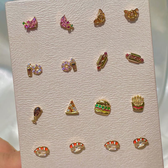 Wholesale Exquisite Earrings Fruit Burger Series Brass Inlaid Zircon Real Gold Plated Geometric Style For Women