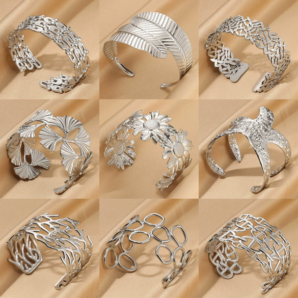 Wholesale Exquisite Exaggerate Style Irregular Leaf Ocean Wide Open Bracelet Stainless Steel Jewelry With Electroplating