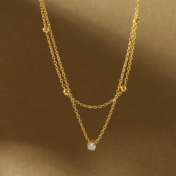 Wholesale Exquisite Half Double Layer Single Diamond Titanium Steel Women's Light Luxury Niche High End Stacked Clavicle Chain With Geometric Pattern And Electroplating
