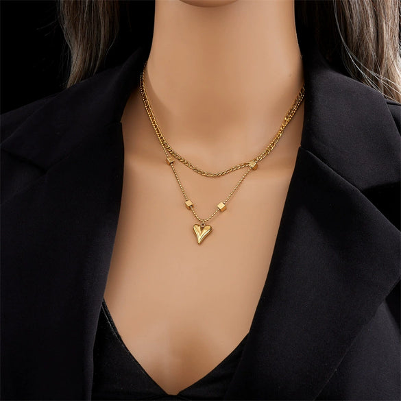 Wholesale Exquisite Simple Titanium Steel Heart Square Pendant Double Layer Stacked Unisex Necklace With Geometric Design And Electroplating