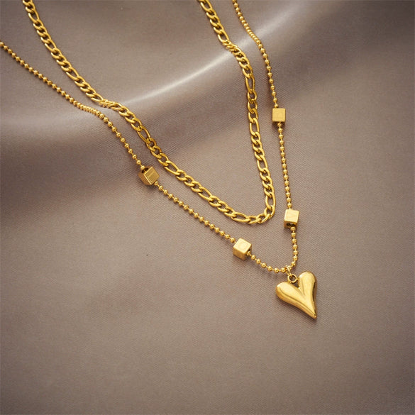 Wholesale Exquisite Simple Titanium Steel Heart Square Pendant Double Layer Stacked Unisex Necklace With Geometric Design And Electroplating