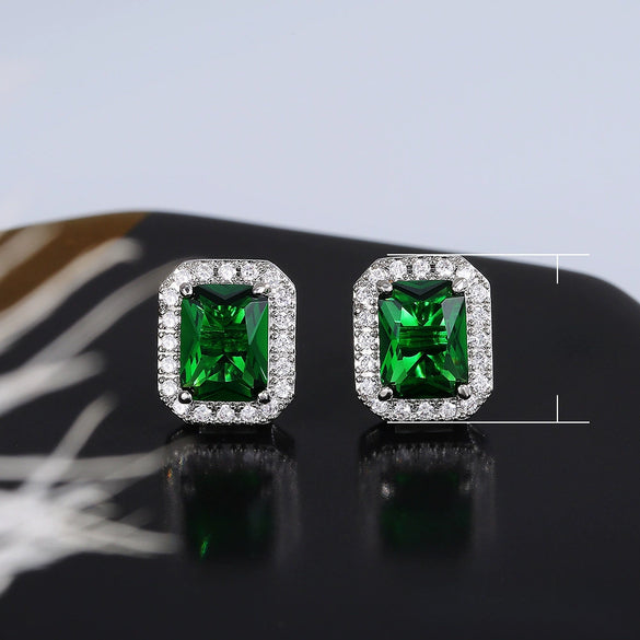 Wholesale Exquisite Square Ladies Earrings Copper Full Diamond Inlaid With Green Zircon Geometric Design