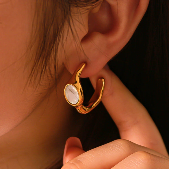 Wholesale Exquisite Stainless Steel Women's Earrings With French Retro Court Style Concave And Convex Inlaid White Shellfish C Shaped 18K Vacuum Plated In Furnace Geometric Pattern