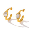 Wholesale Exquisite Stainless Steel Women's Earrings With French Retro Court Style Concave And Convex Inlaid White Shellfish C Shaped 18K Vacuum Plated In Furnace Geometric Pattern