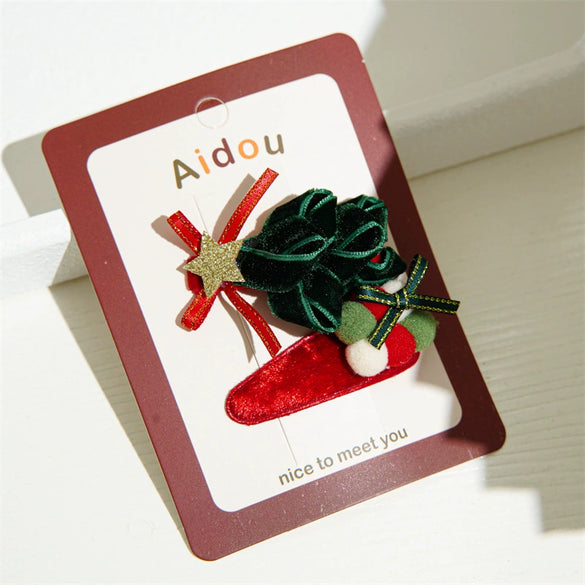 Wholesale Fabric Handmade Christmas Hair Accessories With Bell Bow Ribbon Elk Christmas Tree Elements Duckbill Clip For Women