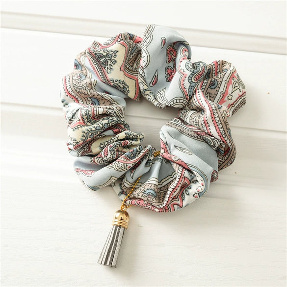 Wholesale Fabric Handmade Elastic Hair Ring With Tassel Hanging Ribbon In Retro Style