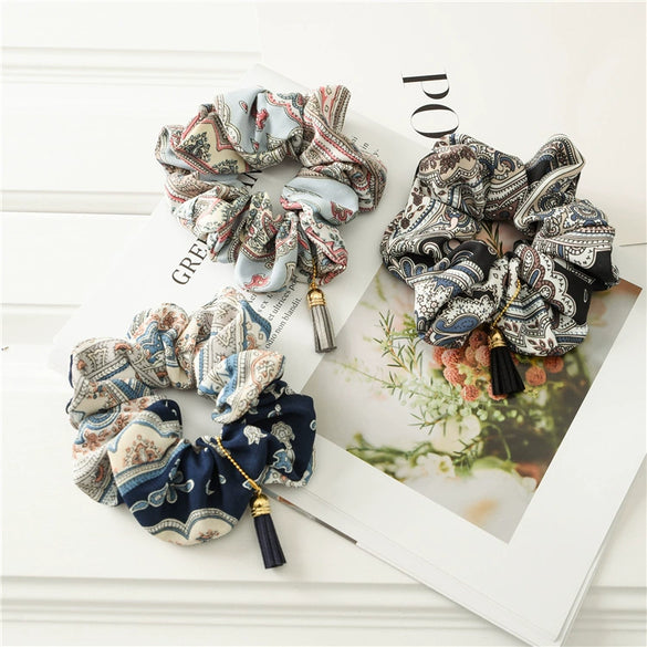 Wholesale Fabric Handmade Elastic Hair Ring With Tassel Hanging Ribbon In Retro Style