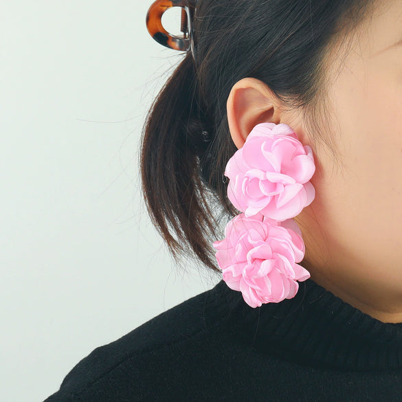 Wholesale Fabric Multicolor Big Flower Handmade Earrings With Long Tassel And Leaf Design For Women