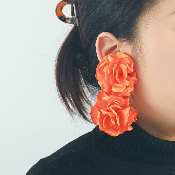 Wholesale Fabric Multicolor Big Flower Handmade Earrings With Long Tassel And Leaf Design For Women