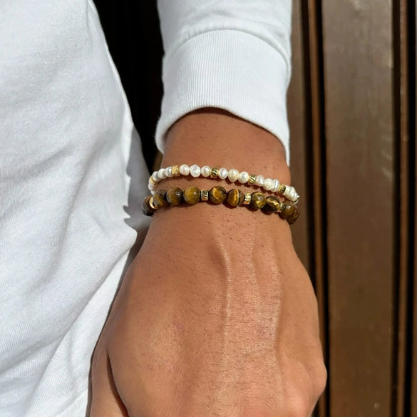 Wholesale Faceted Tiger Eye Stone And Imitation Pearl Handmade Unisex Bracelets