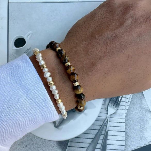 Wholesale Faceted Tiger Eye Stone And Imitation Pearl Handmade Unisex Bracelets