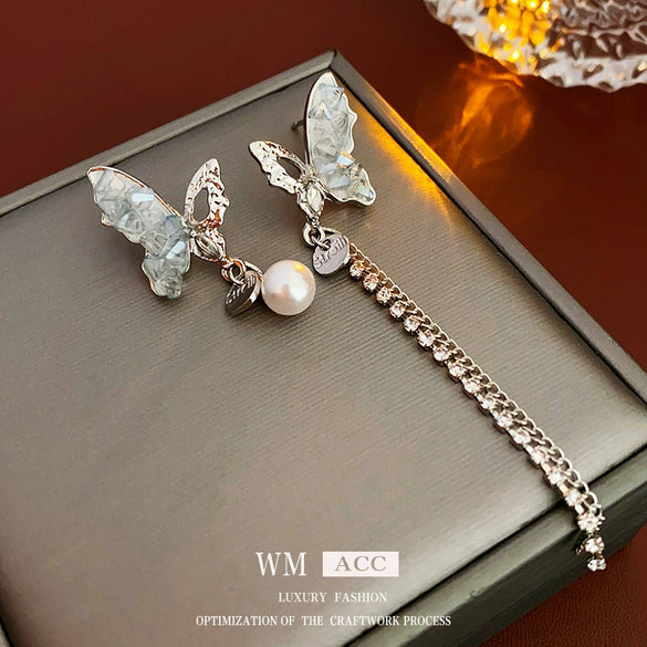 Wholesale Fake Pearl And Diamond Inlaid Butterfly Tassel Earrings For Women Sophisticated Animal Style