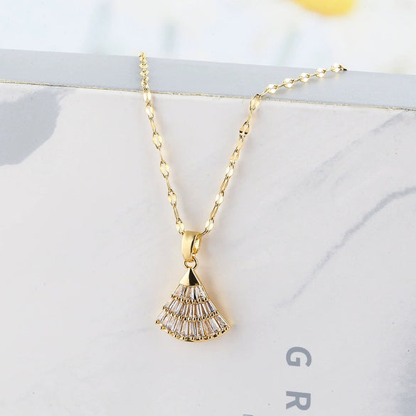 Wholesale Fanshaped Small Skirt Necklace For Female Clavicle Rose Gold Titanium Steel With Zircon Inlaid Fashion Ol Style Water Wave Chain