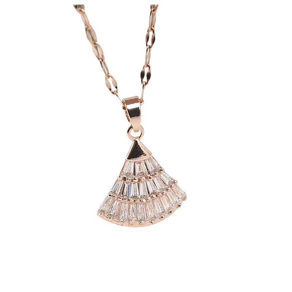 Wholesale Fanshaped Small Skirt Necklace For Female Clavicle Rose Gold Titanium Steel With Zircon Inlaid Fashion Ol Style Water Wave Chain