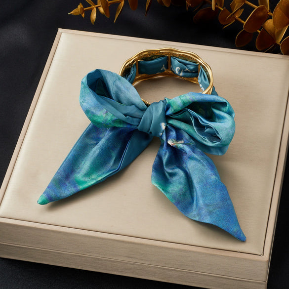 Wholesale Fashion Accessories Stainless Steel Electroplated Satin Printed Ribbon Bow Leopard Print Fabric Wrapped Ring Bracelet Plants And Flowers Style