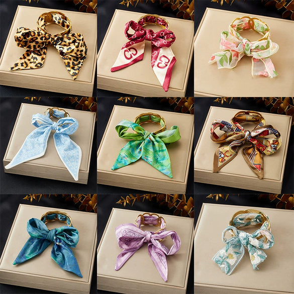 Wholesale Fashion Accessories Stainless Steel Electroplated Satin Printed Ribbon Bow Leopard Print Fabric Wrapped Ring Bracelet Plants And Flowers Style