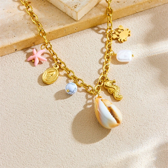 Wholesale Fashion Animal Zodiac Stainless Steel Gold Plated Necklace With Conch Crab Seahorse Pendant And O Word Chain