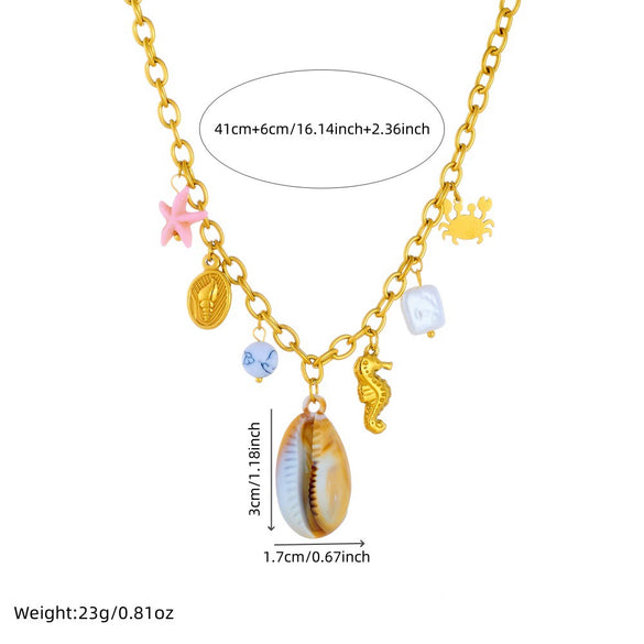 Wholesale Fashion Animal Zodiac Stainless Steel Gold Plated Necklace With Conch Crab Seahorse Pendant And O Word Chain