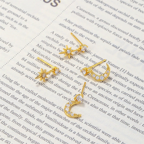 Wholesale Fashion Asymmetric Star Moon Earrings Brass With Zircon