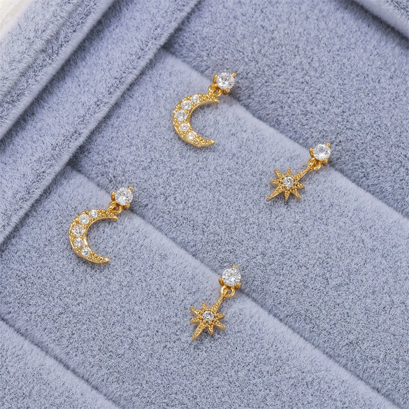 Wholesale Fashion Asymmetric Star Moon Earrings Brass With Zircon
