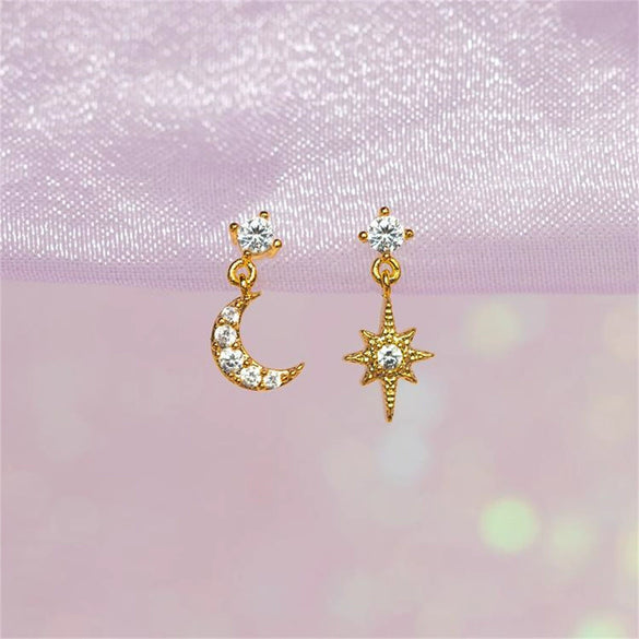 Wholesale Fashion Asymmetric Star Moon Earrings Brass With Zircon