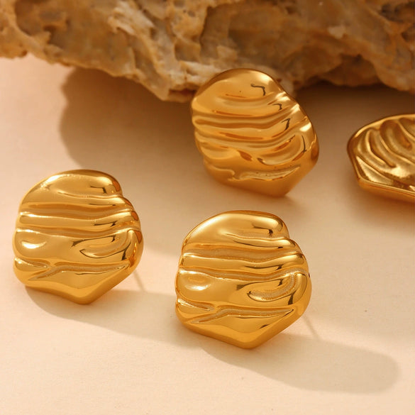 Wholesale Fashion Asymmetrical Hammered Lace Geometric 316L Stainless Steel 18K Real Gold Electroplated Earrings